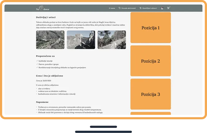 Reklamna pozicija na stranici aktivnosti - desktop prikaz